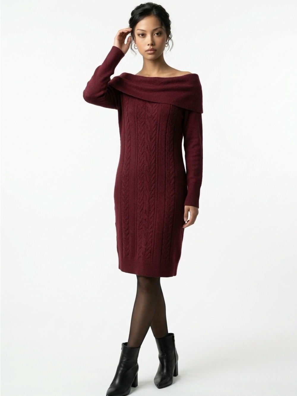 Ann Taylor Off-Shoulder Cable Knit Dress in Burgundy Large